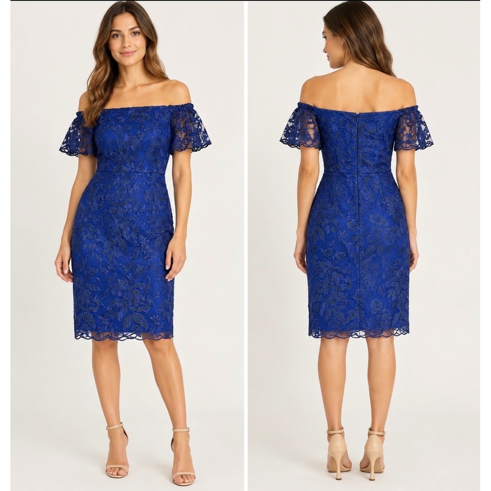 Trina Turk Royal Cobalt Blue Embroidered Lace Off Shoulder Sheath Dress 8 NWT